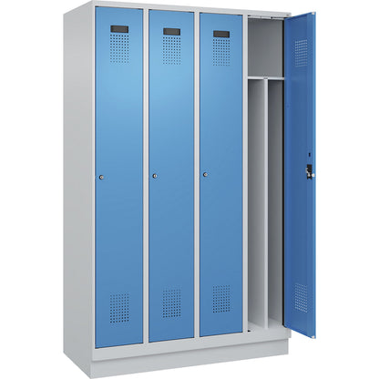Evolo PLUS clean and dirty clothes locker, narrow, 4 compartments, shortened centre divider, light grey / light blue, W 1200 mm, with base plinth, cylinder lock.