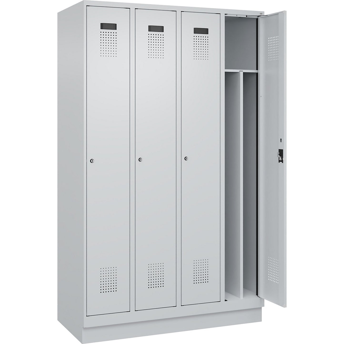 Evolo PLUS clean and dirty clothes locker, narrow, 4 compartments, shortened centre divider, light grey, W 1200 mm, with base plinth, cylinder lock.