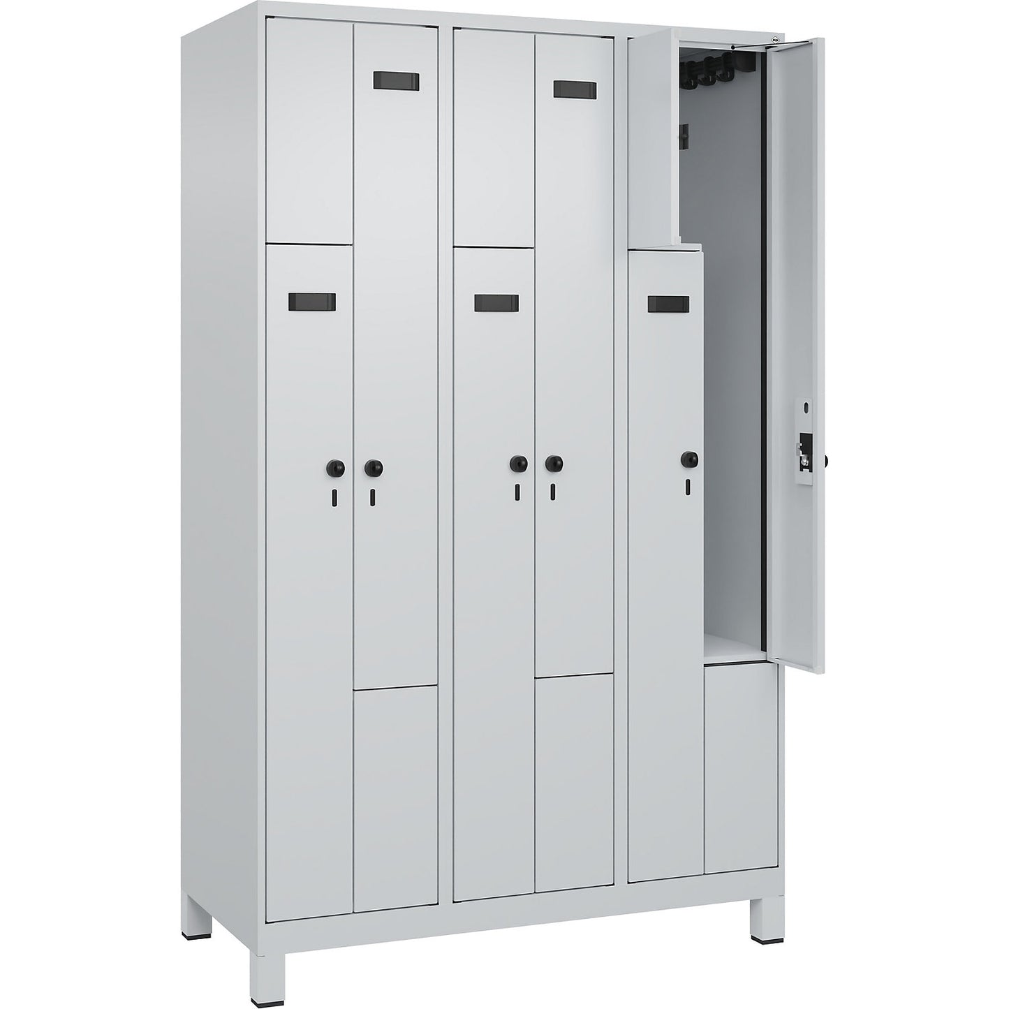 Evolo PLUS Z-locker, 3 compartments, light grey, W 1200 mm, 6 compartments, with wide feet, security rotary bolt.