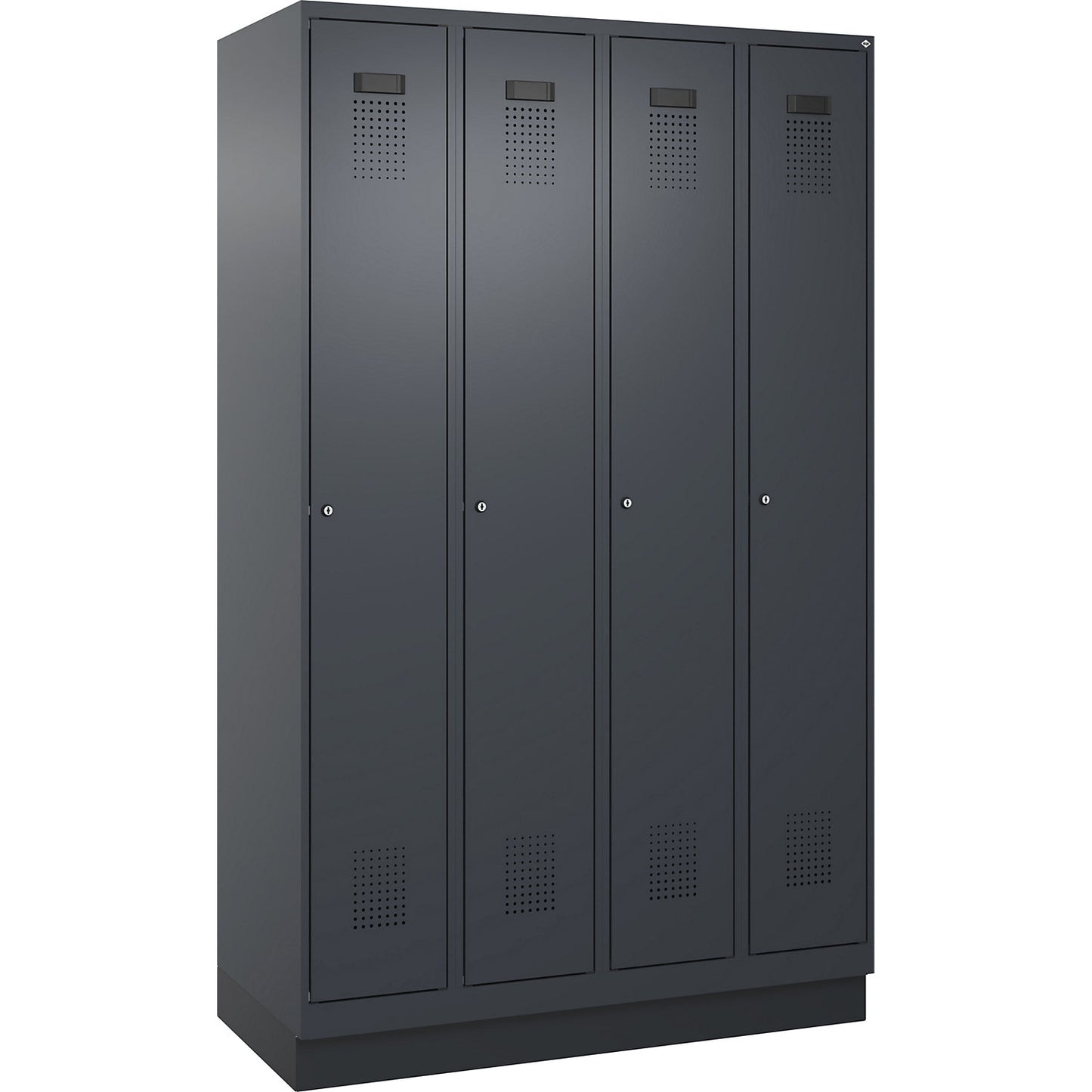 Evolo PLUS clean and dirty clothes locker, narrow, 4 compartments, shortened centre divider, grey, W 1200 mm, with base plinth, cylinder lock.
