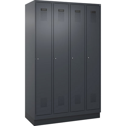 Evolo PLUS clean and dirty clothes locker, narrow, 4 compartments, shortened centre divider, grey, W 1200 mm, with base plinth, cylinder lock.