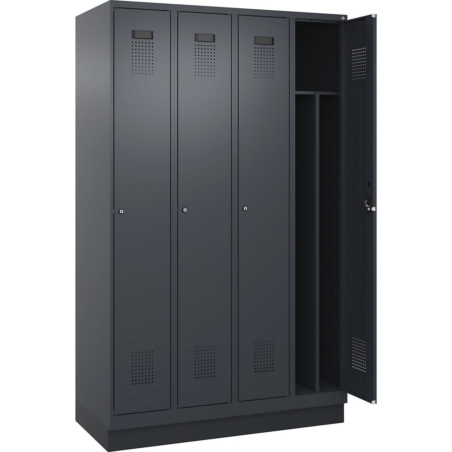 Evolo PLUS clean and dirty clothes locker, narrow, 4 compartments, shortened centre divider, grey, W 1200 mm, with base plinth, cylinder lock.