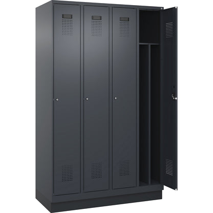 Evolo PLUS clean and dirty clothes locker, narrow, 4 compartments, shortened centre divider, grey, W 1200 mm, with base plinth, cylinder lock.