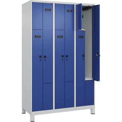 Evolo PLUS Z-locker, 3 compartments, light grey / gentian blue, W 1200 mm, 6 compartments, with wide feet, security rotary bolt.