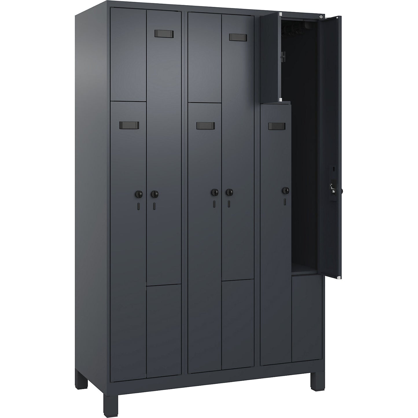 Evolo PLUS Z-locker, 3 compartments, grey, W 1200 mm, 6 compartments, with wide feet, security rotary bolt.