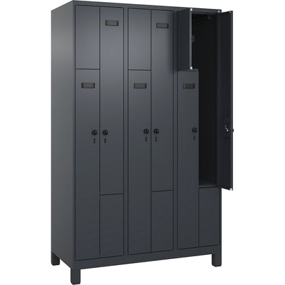 Evolo PLUS Z-locker, 3 compartments, grey, W 1200 mm, 6 compartments, with wide feet, security rotary bolt.