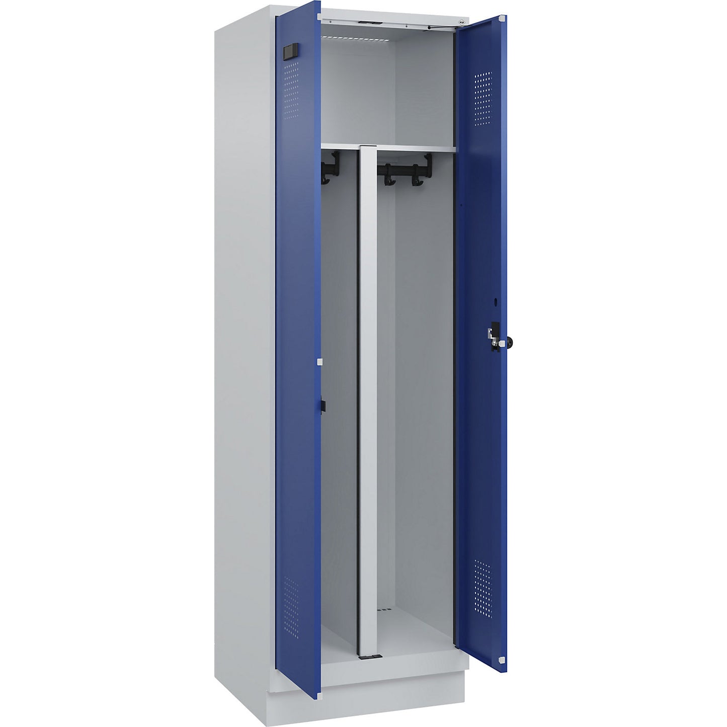 Evolo PLUS clean and dirty locker, 1 compartment, shortened centre divider, light grey / gentian blue, W 600 mm, with base plinth, security rotary bolt.