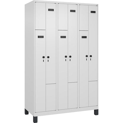 Evolo PLUS Z-locker, 3 compartments, white, W 1200 mm, 6 compartments, with wide feet, security rotary bolt.