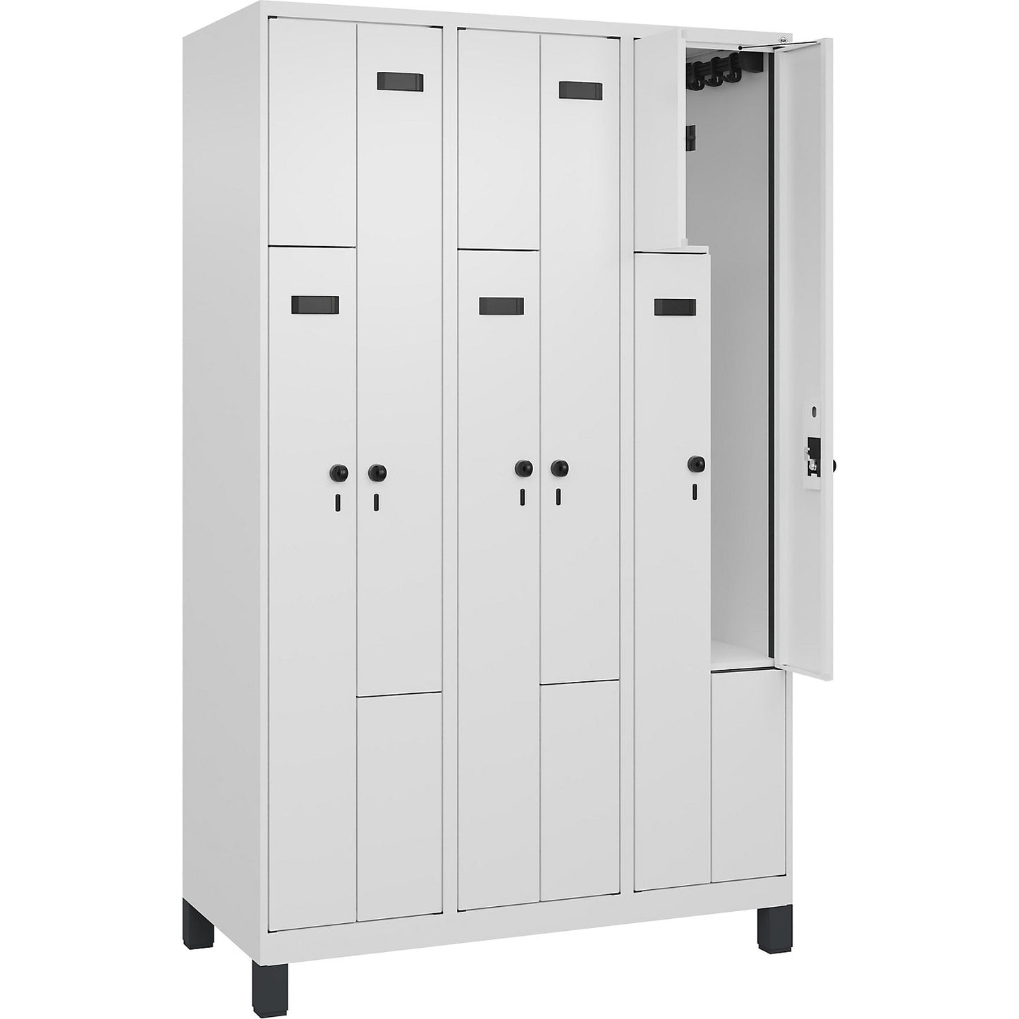 Evolo PLUS Z-locker, 3 compartments, white, W 1200 mm, 6 compartments, with wide feet, security rotary bolt.