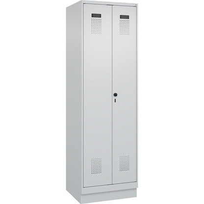 Evolo PLUS clean and dirty locker, 1 compartment, shortened centre divider, light grey, W 600 mm, with base plinth, security rotary bolt.