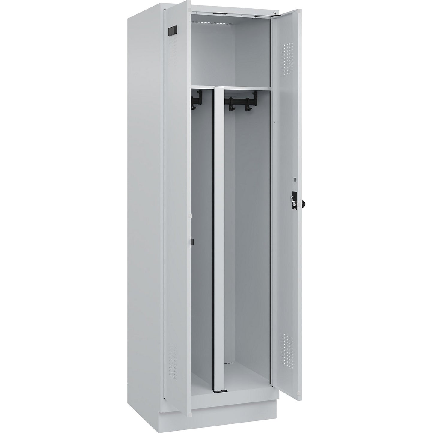 Evolo PLUS clean and dirty locker, 1 compartment, shortened centre divider, light grey, W 600 mm, with base plinth, security rotary bolt.