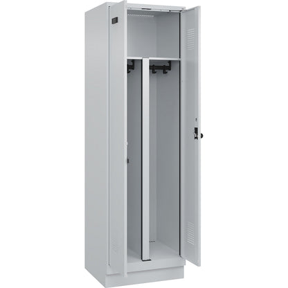 Evolo PLUS clean and dirty locker, 1 compartment, shortened centre divider, light grey, W 600 mm, with base plinth, security rotary bolt.