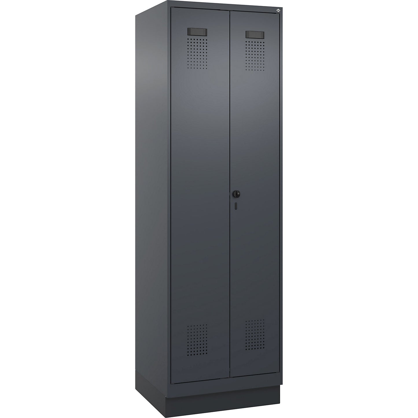 Evolo PLUS clean and dirty locker, 1 compartment, shortened centre divider, grey, W 600 mm, with base plinth, security rotary bolt.
