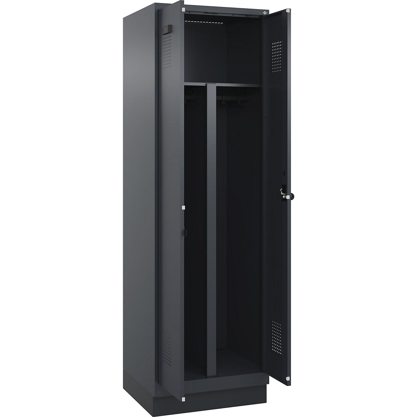 Evolo PLUS clean and dirty locker, 1 compartment, shortened centre divider, grey, W 600 mm, with base plinth, security rotary bolt.