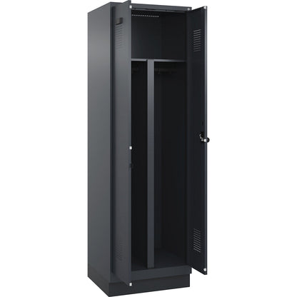 Evolo PLUS clean and dirty locker, 1 compartment, shortened centre divider, grey, W 600 mm, with base plinth, security rotary bolt.