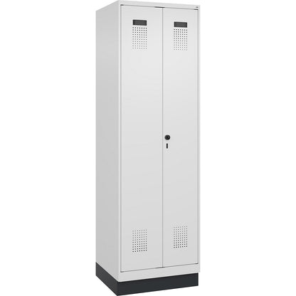Evolo PLUS clean and dirty locker, 1 compartment, shortened centre divider, white, W 600 mm, with base plinth, security rotary bolt.