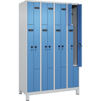Evolo PLUS Z-locker, 4 compartments, light grey / light blue, W 1200 mm, 8 compartments, with wide feet, security rotary bolt.