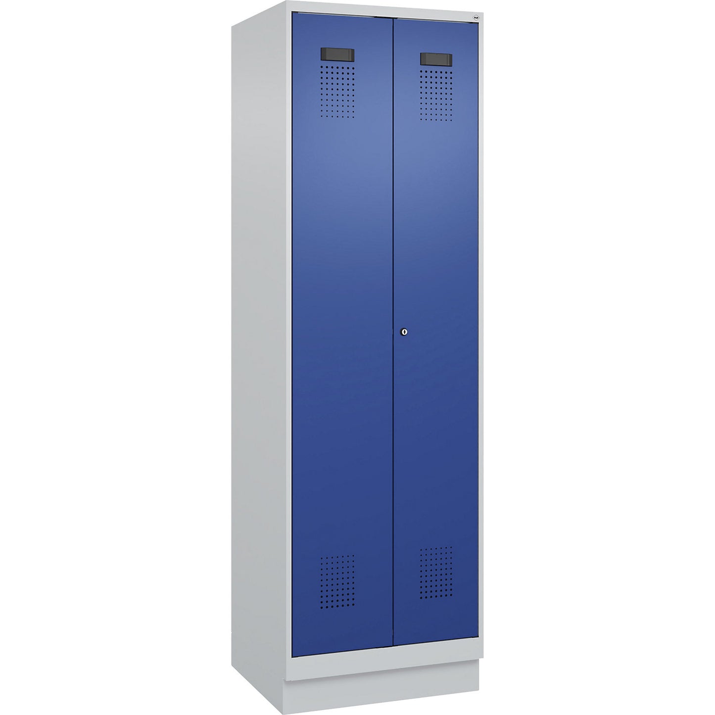 Evolo PLUS clean and dirty locker, 1 compartment, shortened centre divider, light grey / gentian blue, W 600 mm, with base plinth, cylinder lock.