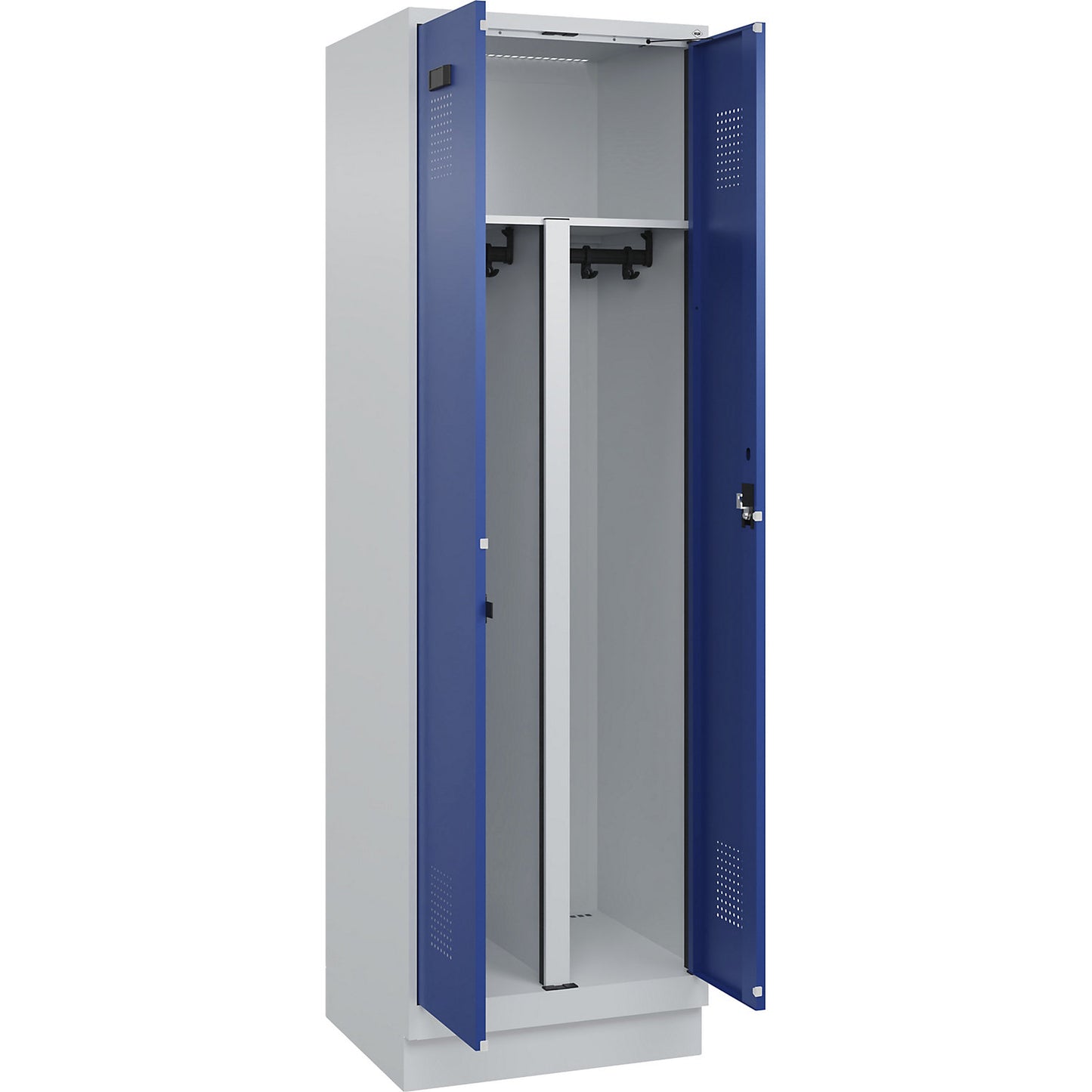 Evolo PLUS clean and dirty locker, 1 compartment, shortened centre divider, light grey / gentian blue, W 600 mm, with base plinth, cylinder lock.