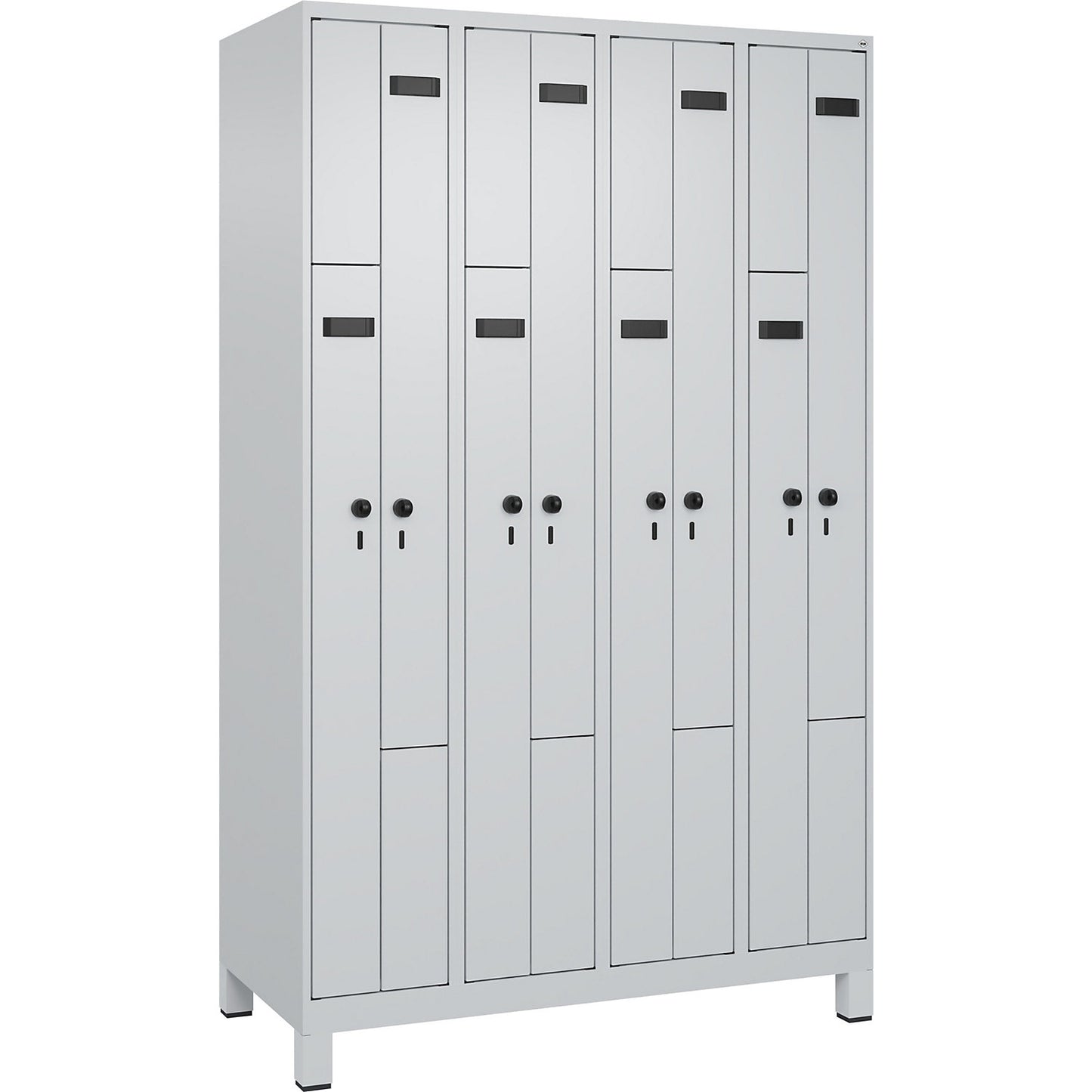 Evolo PLUS Z-locker, 4 compartments, light grey, W 1200 mm, 8 compartments, with wide feet, security rotary bolt.