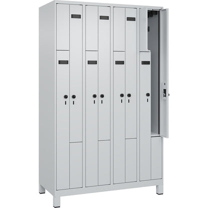 Evolo PLUS Z-locker, 4 compartments, light grey, W 1200 mm, 8 compartments, with wide feet, security rotary bolt.
