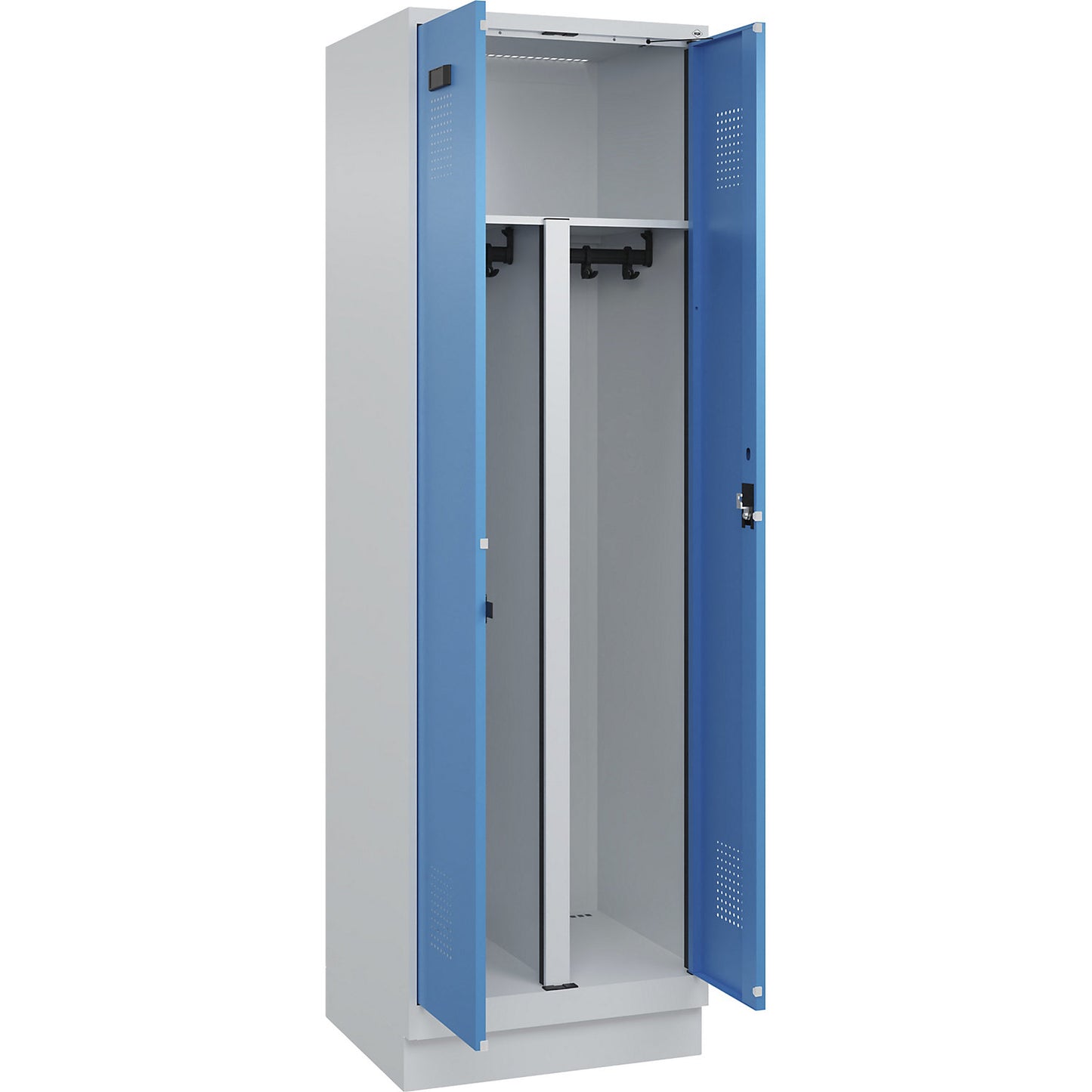 Evolo PLUS clean and dirty locker, 1 compartment, shortened centre divider, light grey / light blue, W 600 mm, with base plinth, cylinder lock.