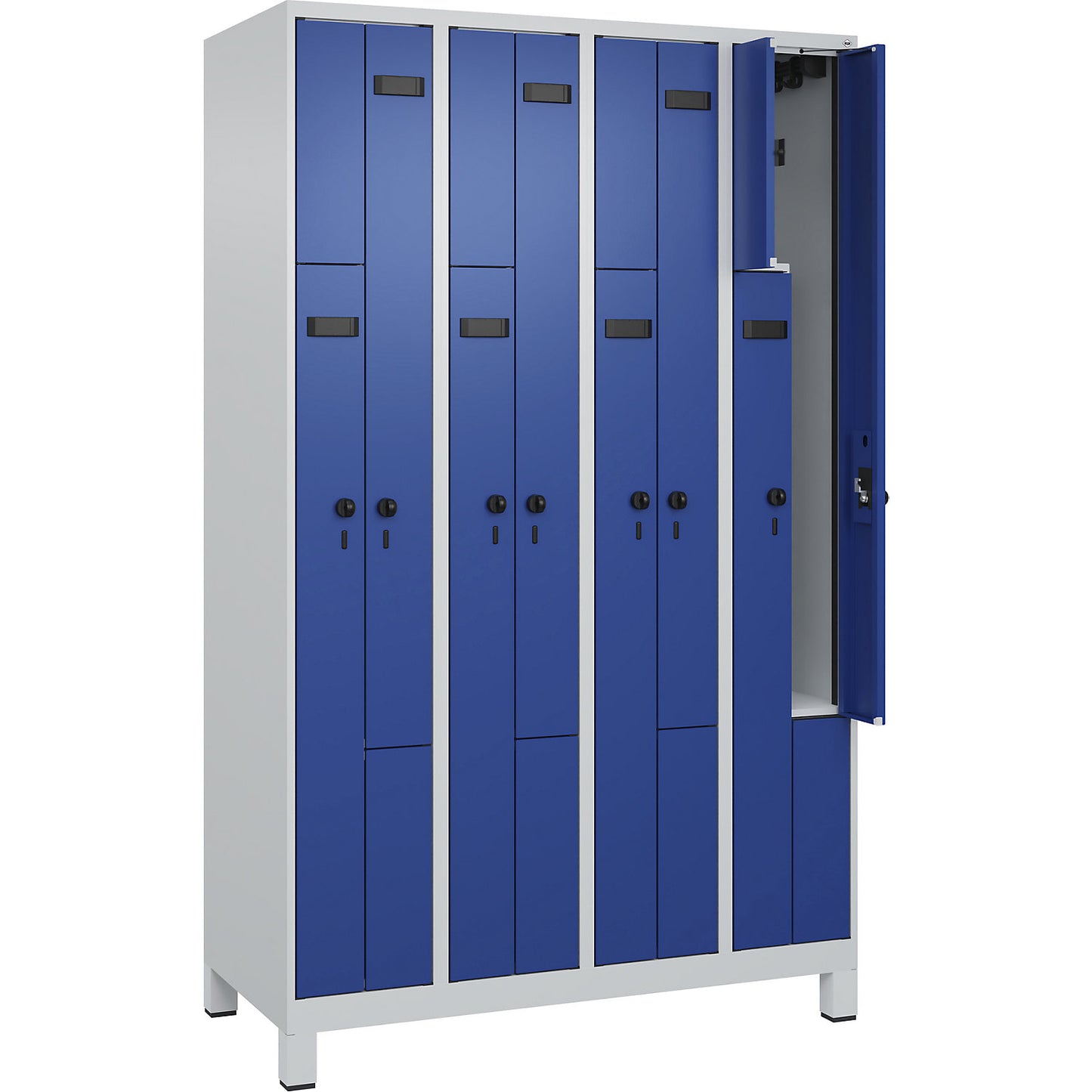 Evolo PLUS Z-locker, 4 compartments, light grey / gentian blue, W 1200 mm, 8 compartments, with wide feet, security rotary bolt.