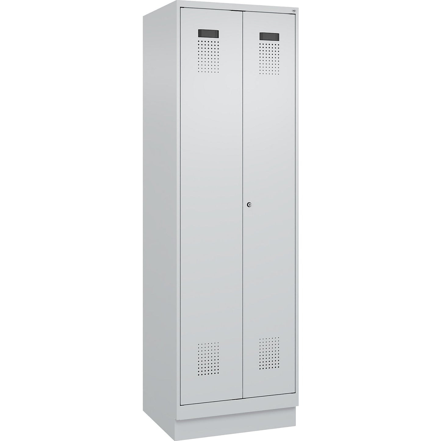 Evolo PLUS clean and dirty locker, 1 compartment, shortened centre divider, light grey, W 600 mm, with base plinth, cylinder lock.