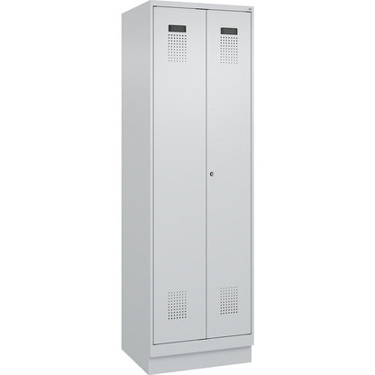 Evolo PLUS clean and dirty locker, 1 compartment, shortened centre divider, light grey, W 600 mm, with base plinth, cylinder lock.