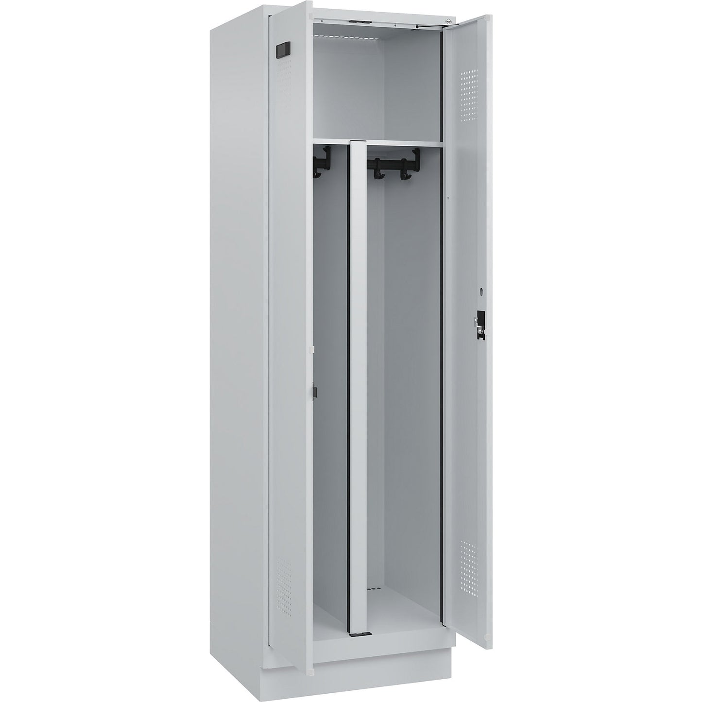 Evolo PLUS clean and dirty locker, 1 compartment, shortened centre divider, light grey, W 600 mm, with base plinth, cylinder lock.