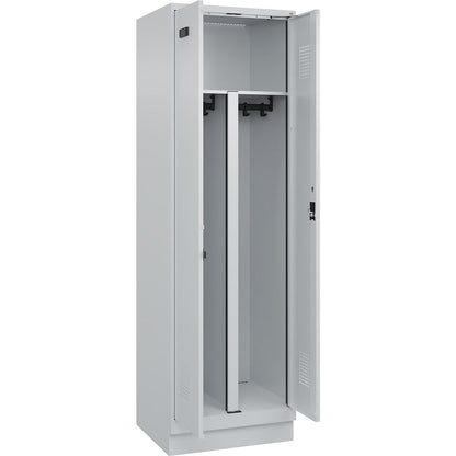 Evolo PLUS clean and dirty locker, 1 compartment, shortened centre divider, light grey, W 600 mm, with base plinth, cylinder lock.