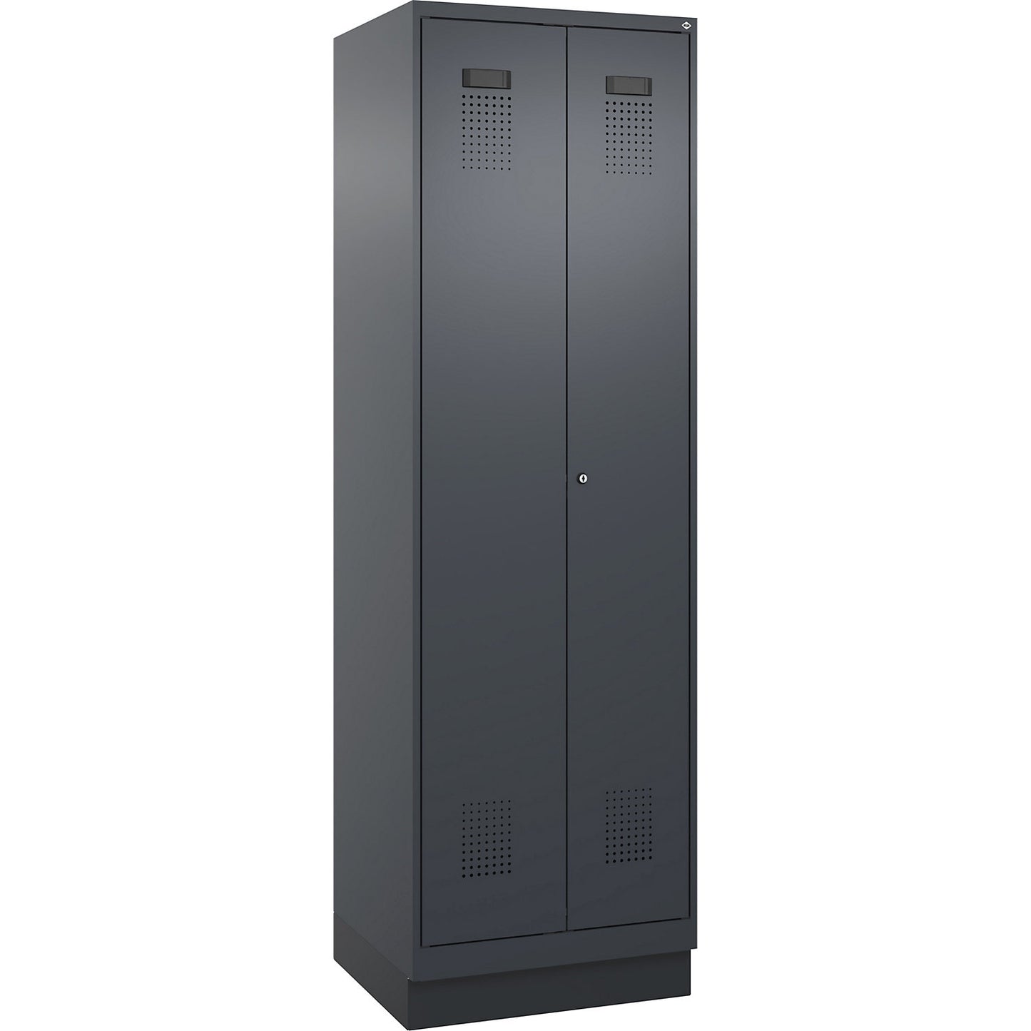 Evolo PLUS clean and dirty locker, 1 compartment, shortened centre divider, grey, W 600 mm, with base plinth, cylinder lock.