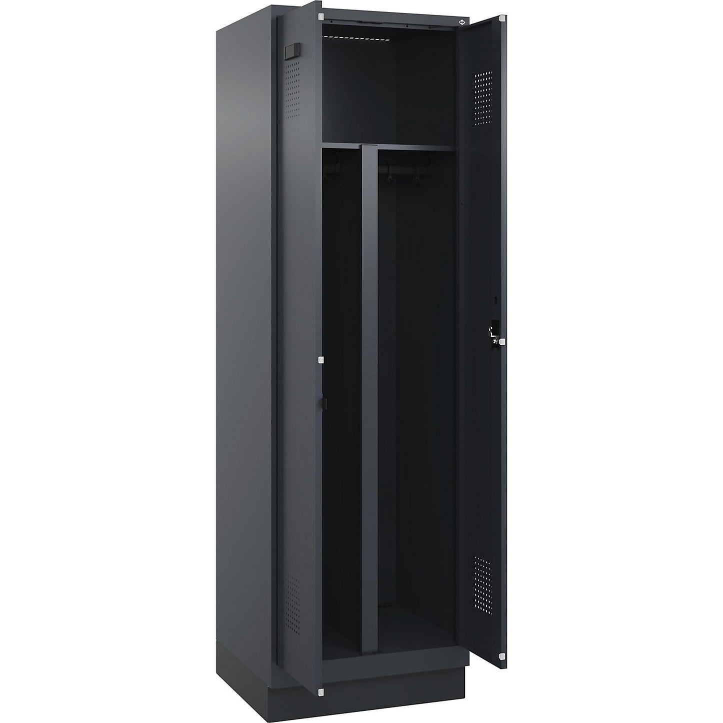 Evolo PLUS clean and dirty locker, 1 compartment, shortened centre divider, grey, W 600 mm, with base plinth, cylinder lock.