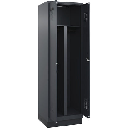 Evolo PLUS clean and dirty locker, 1 compartment, shortened centre divider, grey, W 600 mm, with base plinth, cylinder lock.