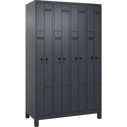 Evolo PLUS Z-locker, 4 compartments, grey, W 1200 mm, 8 compartments, with wide feet, security rotary bolt.