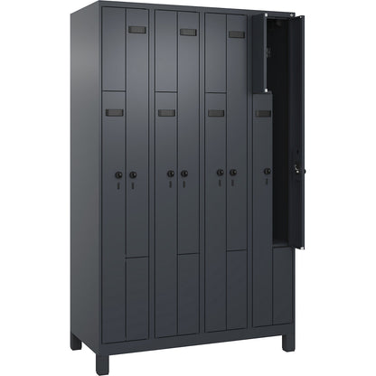 Evolo PLUS Z-locker, 4 compartments, grey, W 1200 mm, 8 compartments, with wide feet, security rotary bolt.