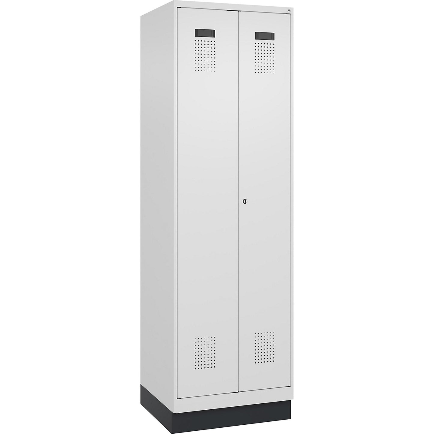 Evolo PLUS clean and dirty locker, 1 compartment, shortened centre divider, white, W 600 mm, with base plinth, cylinder lock.