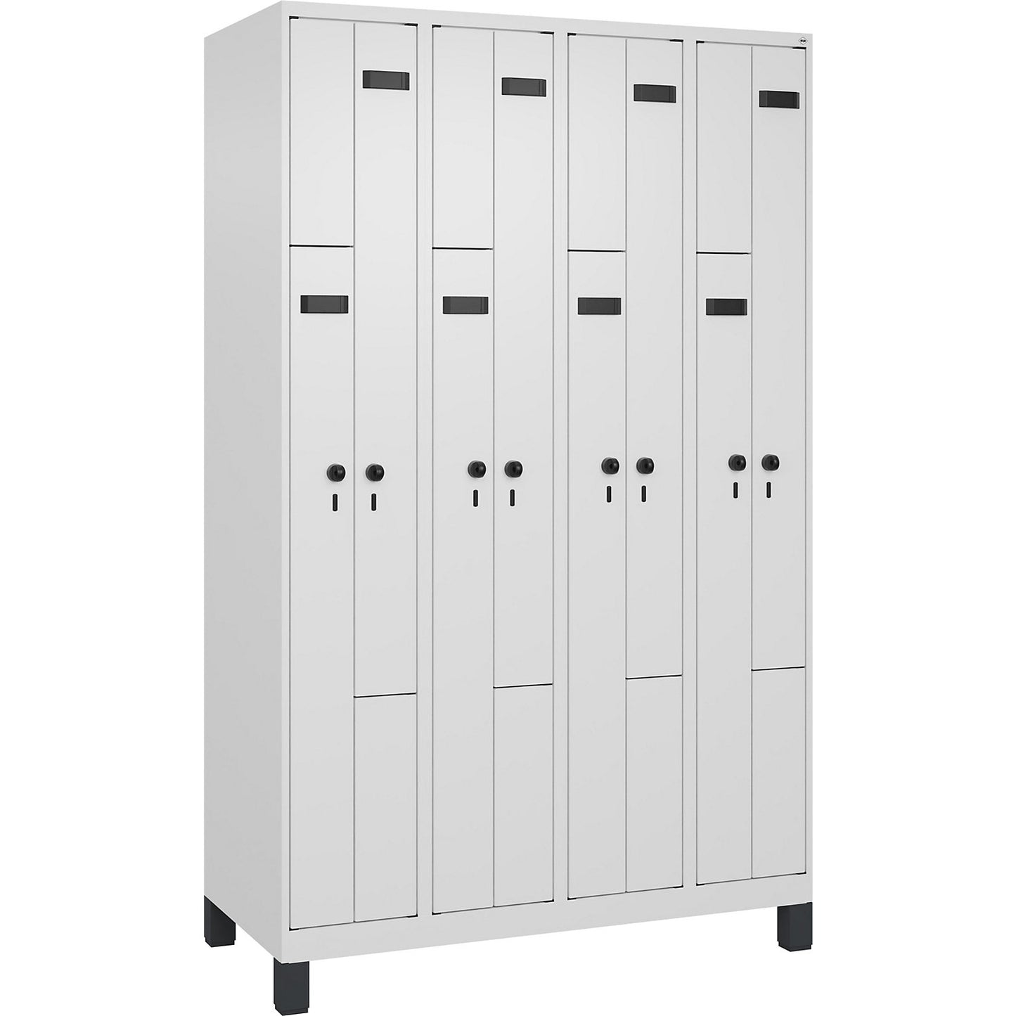 Evolo PLUS Z-locker, 4 compartments, white, W 1200 mm, 8 compartments, with wide feet, security rotary bolt.
