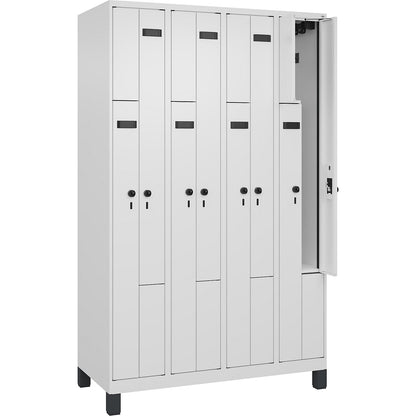 Evolo PLUS Z-locker, 4 compartments, white, W 1200 mm, 8 compartments, with wide feet, security rotary bolt.