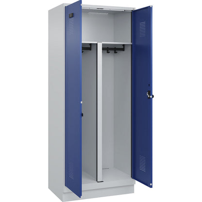 Evolo PLUS clean and dirty locker, 1 compartment, shortened centre divider, light grey / gentian blue, W 800 mm, with base plinth, security rotary bolt.