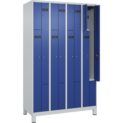 Evolo PLUS Z-locker, 4 compartments, light grey / gentian blue, W 1200 mm, 8 compartments, with wide feet, cylinder lock.