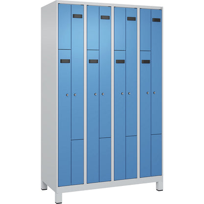 Evolo PLUS Z-locker, 4 compartments, light grey / light blue, W 1200 mm, 8 compartments, with wide feet, cylinder lock.