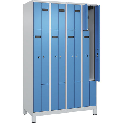 Evolo PLUS Z-locker, 4 compartments, light grey / light blue, W 1200 mm, 8 compartments, with wide feet, cylinder lock.