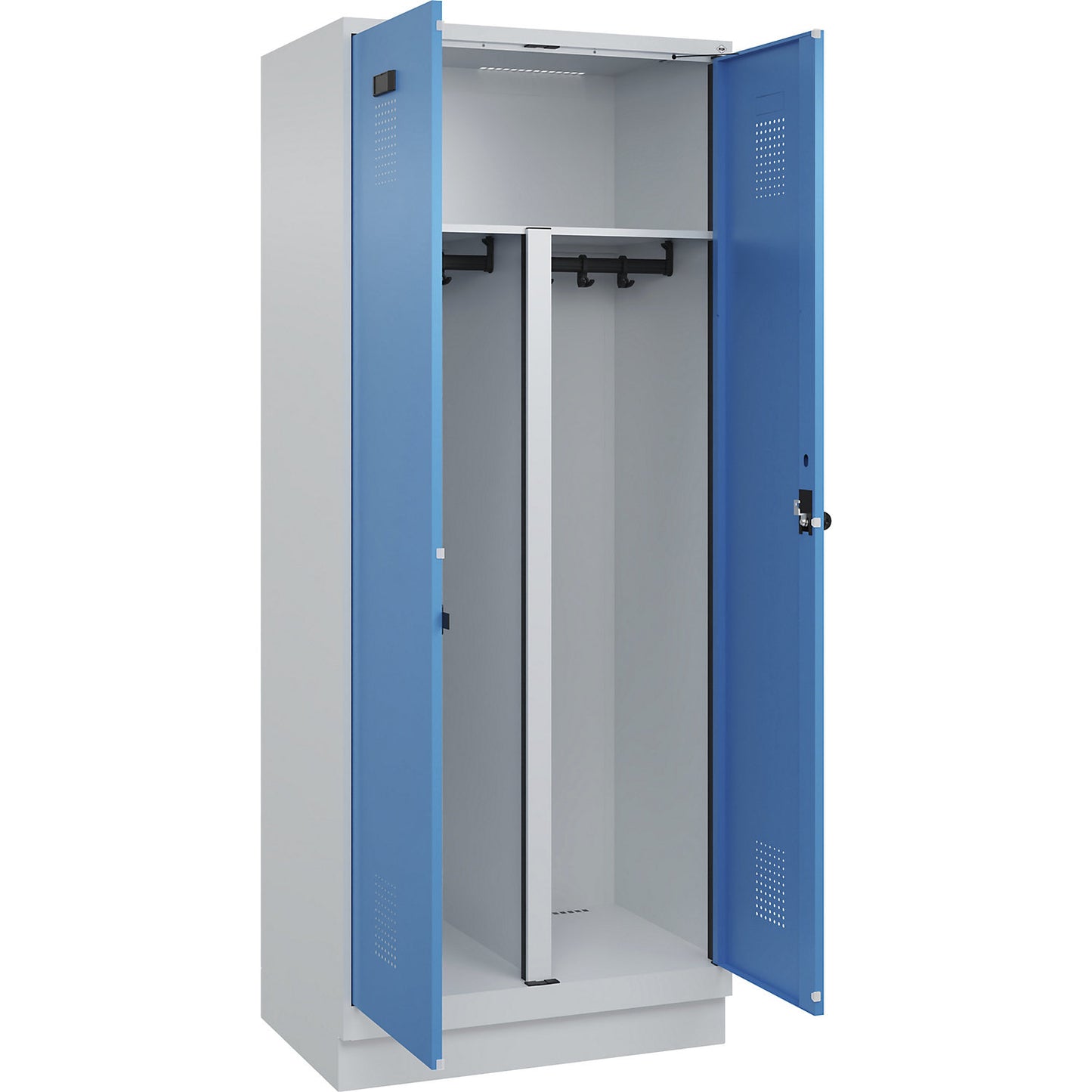 Evolo PLUS clean and dirty locker, 1 compartment, shortened centre divider, light grey / light blue, W 800 mm, with base plinth, security rotary bolt.