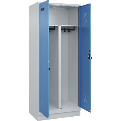 Evolo PLUS clean and dirty locker, 1 compartment, shortened centre divider, light grey / light blue, W 800 mm, with base plinth, security rotary bolt.