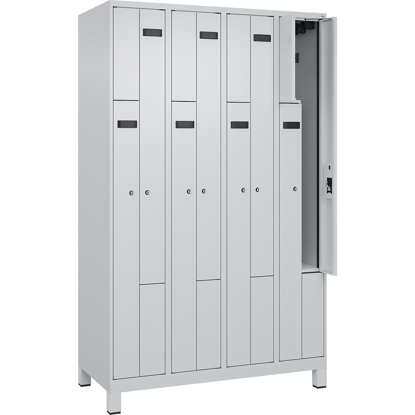 Evolo PLUS Z-locker, 4 compartments, light grey, W 1200 mm, 8 compartments, with wide feet, cylinder lock.