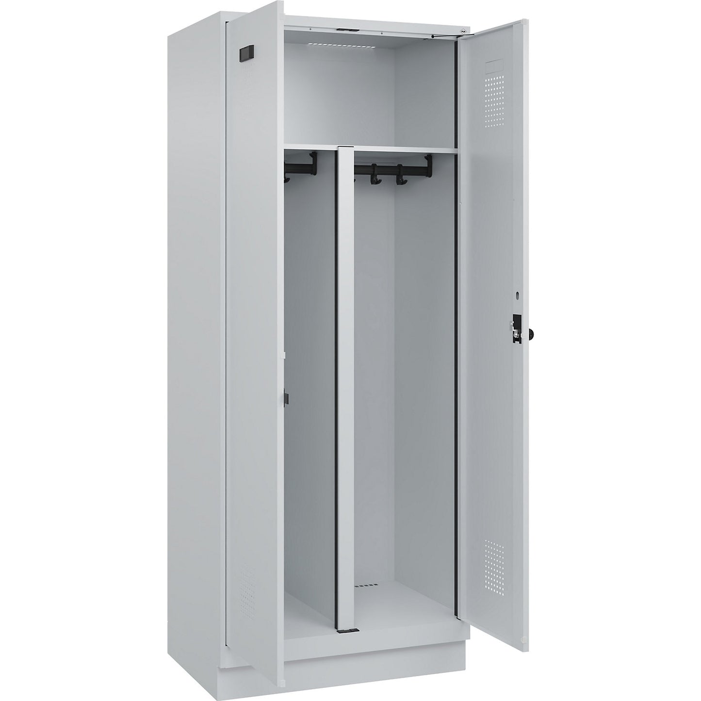 Evolo PLUS clean and dirty locker, 1 compartment, shortened centre divider, light grey, W 800 mm, with base plinth, security rotary bolt.