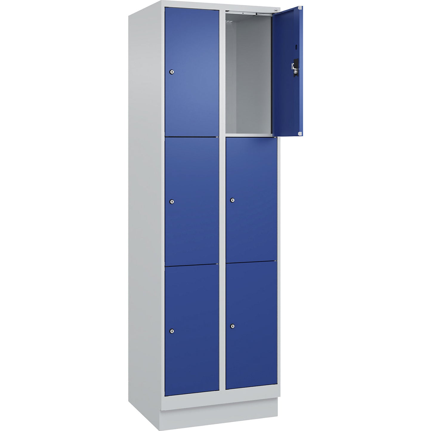 Evolo PLUS 3-fold compartment locker, 2 compartments, light grey / gentian blue, W 600 mm, 6 compartments, with base plinth, cylinder lock.