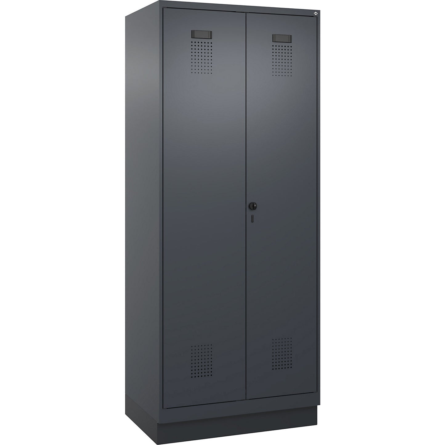 Evolo PLUS clean and dirty locker, 1 compartment, shortened centre divider, grey, W 800 mm, with base plinth, security rotary bolt.