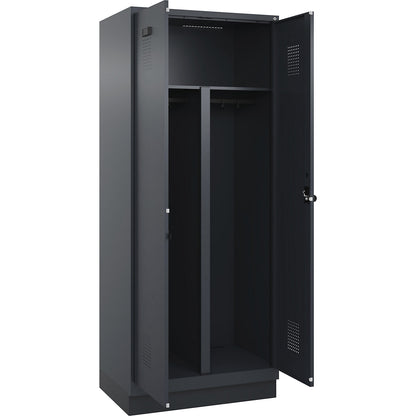 Evolo PLUS clean and dirty locker, 1 compartment, shortened centre divider, grey, W 800 mm, with base plinth, security rotary bolt.